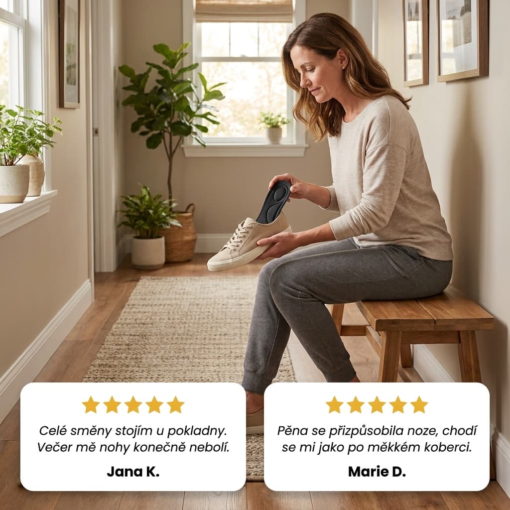 Žena vkládá vložku do bot z paměťové pěny doma, recenze zákazníků